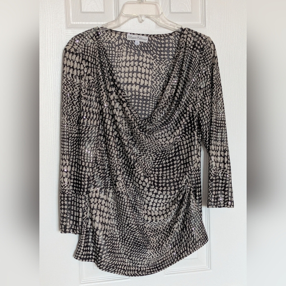 Elegant Women's (Size Large) Black & Tan Cowl Neck Rouched Shimmering Blouse/Top - Picture 2 of 16
